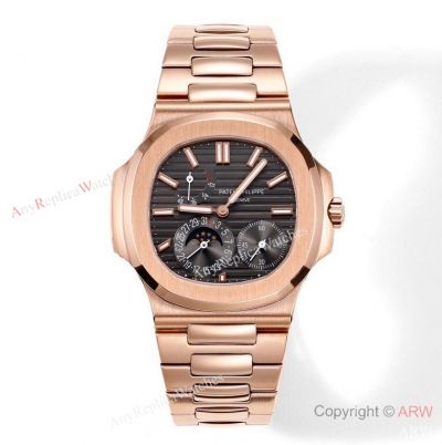 GR Factory Copy Patek Philippe Nautilus Moon Phase Watch Rose Gold Charcoal Dial